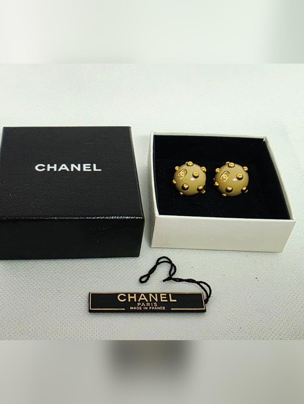 Authentic Chanel CC Logos Studs Button Earrings Beige Gold Clip-On